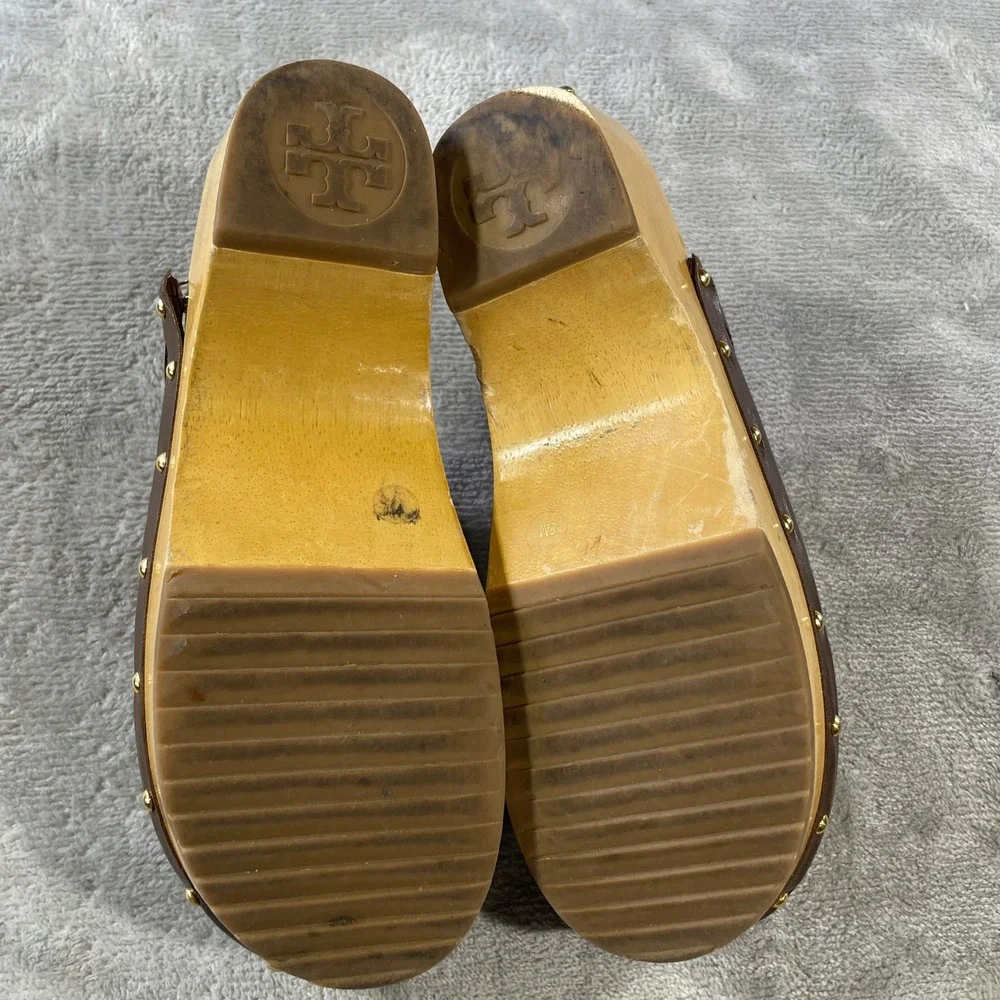 Tory Burch Wooden Clogs Mules Womens 8 Brown Leather Perforated Preppy Boho